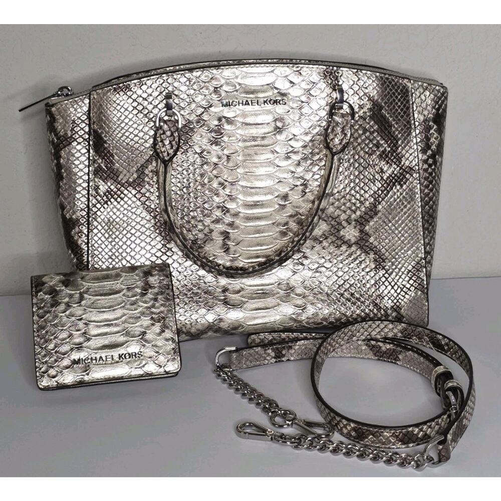 Michael Kors Satchel ELLIS Python Embossed Leather Purse W/ Matching Wallet